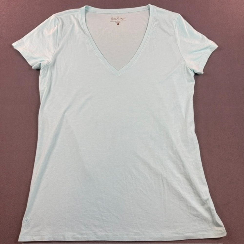 Lilly Pulitizer Women's Etta V-neck T-shirt LG Light Blue Pima Modal Stretch Tee